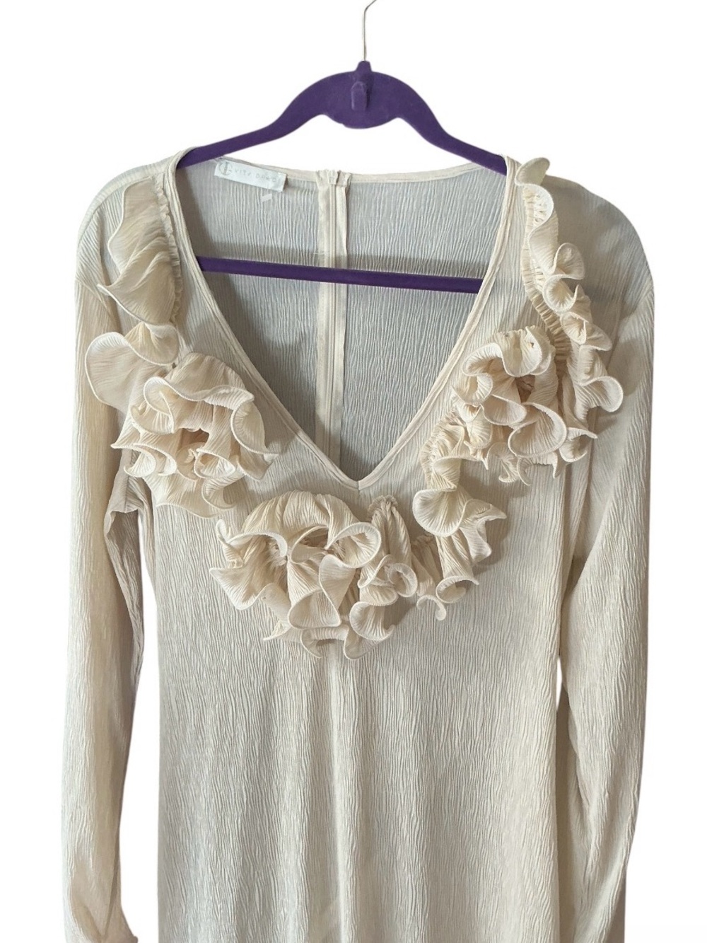 Long Sleeve Cream Ruffle V-Neck Dress